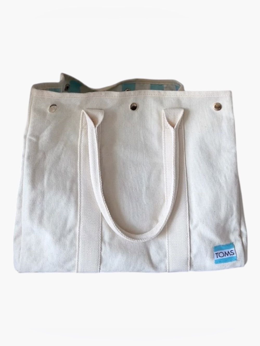 New. TOMS Natural Canvas Tote with Light Blue Logo Accent